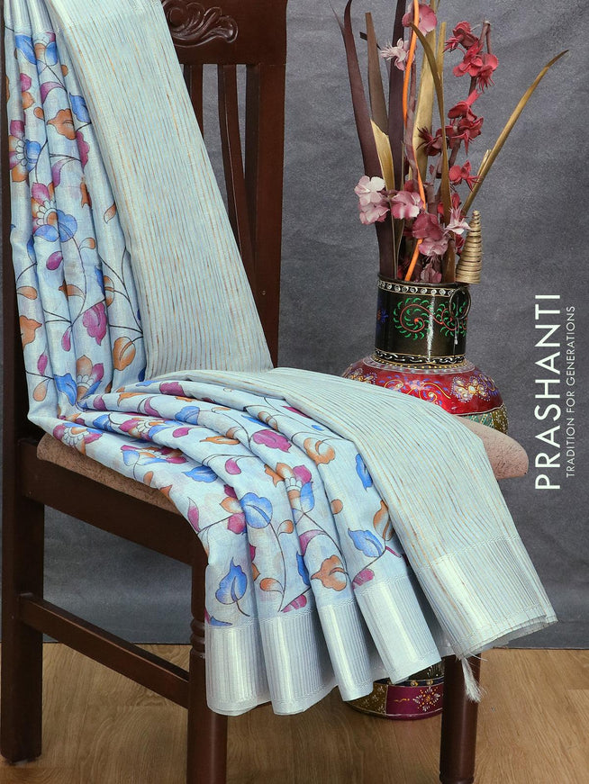 Tissue linen saree light blue with allover kalamkari prints and silver zari woven border - {{ collection.title }} by Prashanti Sarees