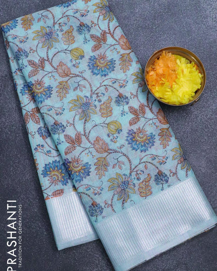 Tissue linen saree light blue with allover prints and silver zari woven border - {{ collection.title }} by Prashanti Sarees