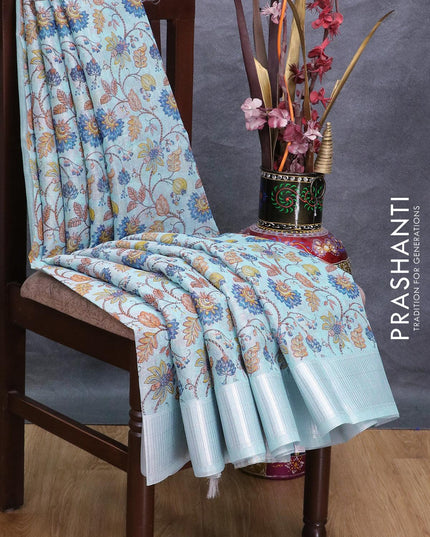 Tissue linen saree light blue with allover prints and silver zari woven border - {{ collection.title }} by Prashanti Sarees