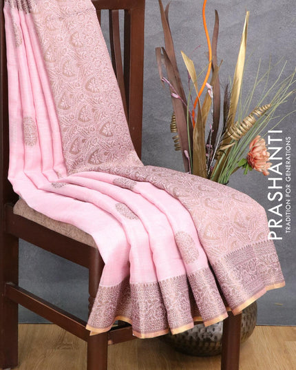 Tissue linen saree light pink with thread woven buttas and thread woven border - {{ collection.title }} by Prashanti Sarees