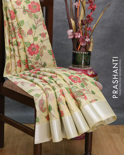 Tissue linen saree pale yellow with allover floral prints and silver zari woven border - {{ collection.title }} by Prashanti Sarees
