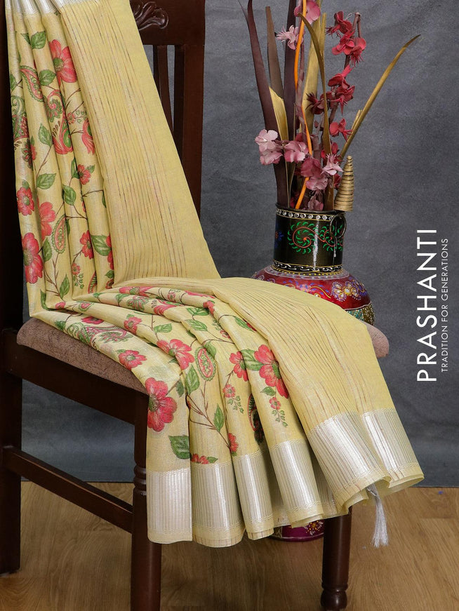 Tissue linen saree pale yellow with allover floral prints and silver zari woven border - {{ collection.title }} by Prashanti Sarees