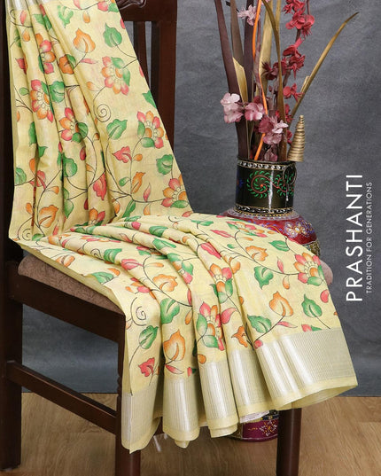 Tissue linen saree pale yellow with allover kalamkari prints and silver zari woven border - {{ collection.title }} by Prashanti Sarees