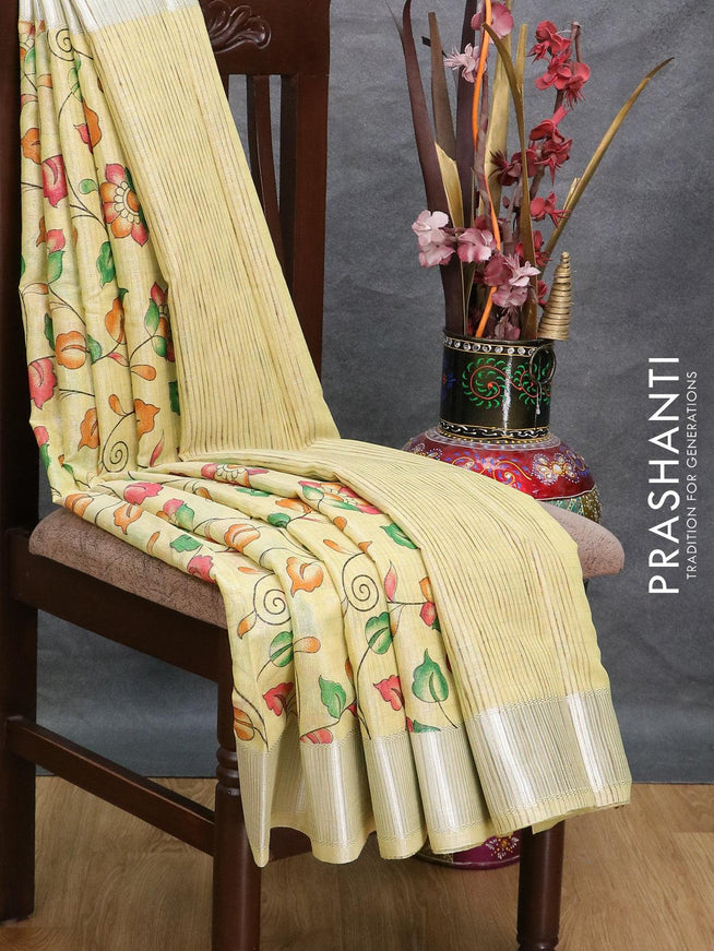 Tissue linen saree pale yellow with allover kalamkari prints and silver zari woven border - {{ collection.title }} by Prashanti Sarees