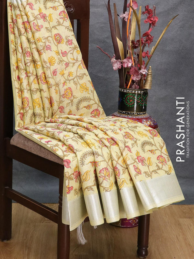 Tissue linen saree pale yellow with allover prints and silver zari woven border - {{ collection.title }} by Prashanti Sarees