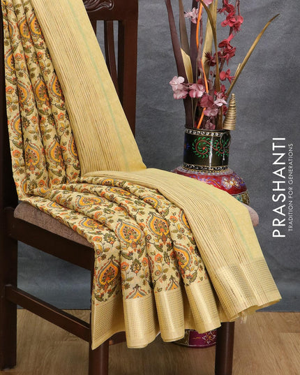 Tissue linen saree pale yellow with allover prints and zari woven border - {{ collection.title }} by Prashanti Sarees