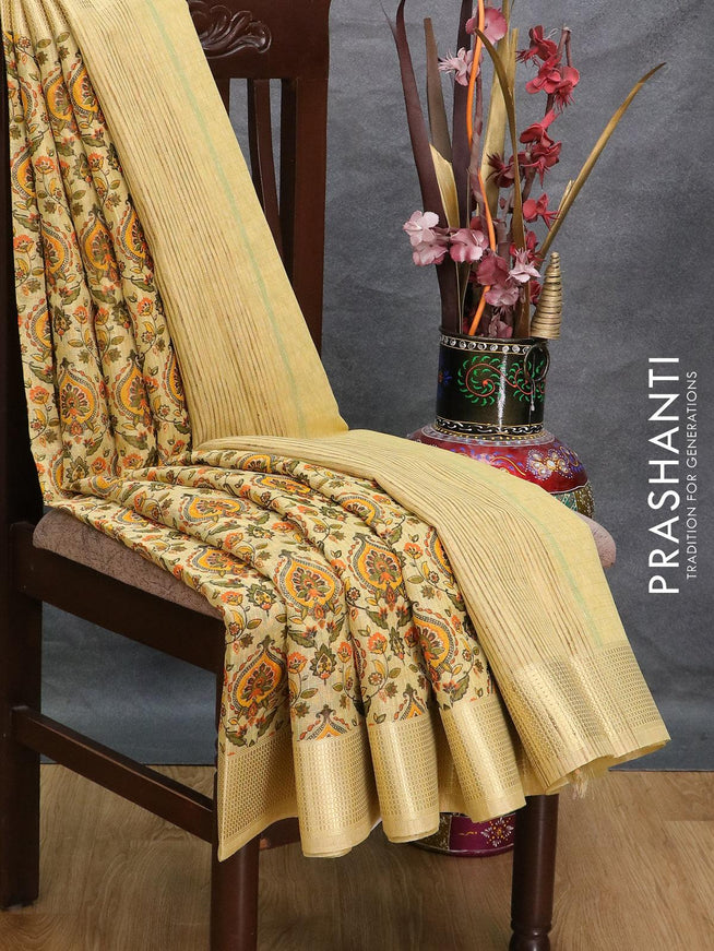 Tissue linen saree pale yellow with allover prints and zari woven border - {{ collection.title }} by Prashanti Sarees