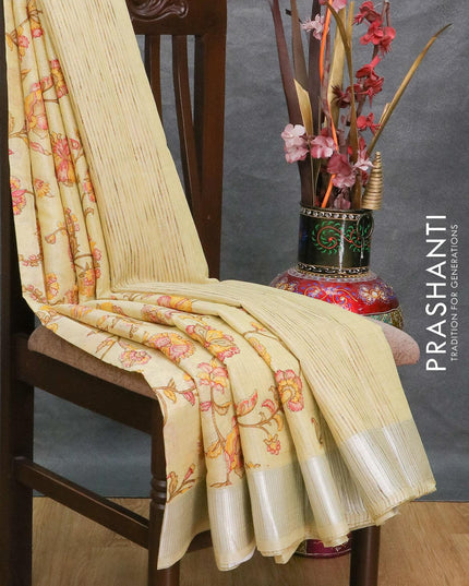 Tissue linen saree pale yellow with floral butta prints and zari woven border - {{ collection.title }} by Prashanti Sarees