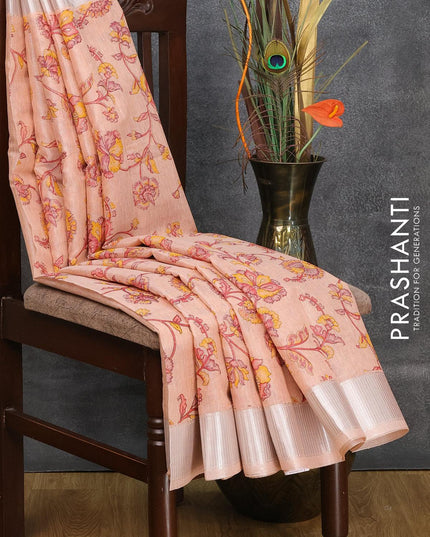 Tissue linen saree peach pink with floral butta prints and zari woven border - {{ collection.title }} by Prashanti Sarees