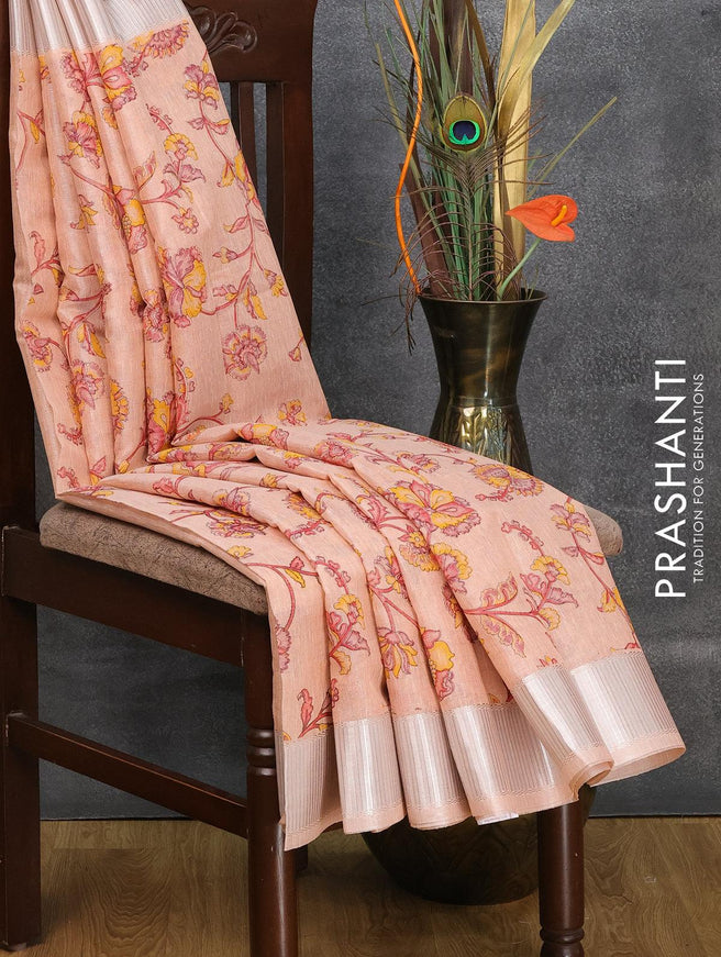 Tissue linen saree peach pink with floral butta prints and zari woven border - {{ collection.title }} by Prashanti Sarees