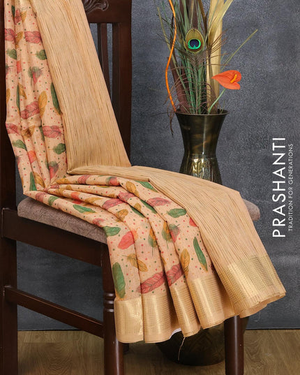 Tissue linen saree peach shade with allover leaf butta prints and zari woven border - {{ collection.title }} by Prashanti Sarees