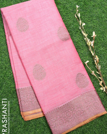 Tissue linen saree pink with thread woven buttas and thread woven border - {{ collection.title }} by Prashanti Sarees