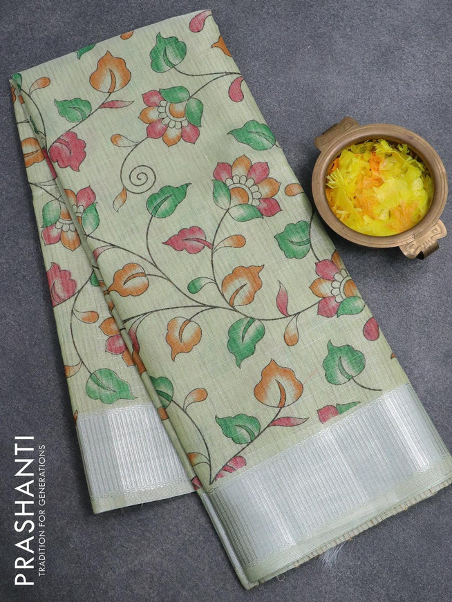 Tissue linen saree pista green with allover kalamkari prints and silver zari woven border - {{ collection.title }} by Prashanti Sarees
