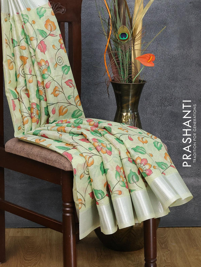 Tissue linen saree pista green with allover kalamkari prints and silver zari woven border - {{ collection.title }} by Prashanti Sarees