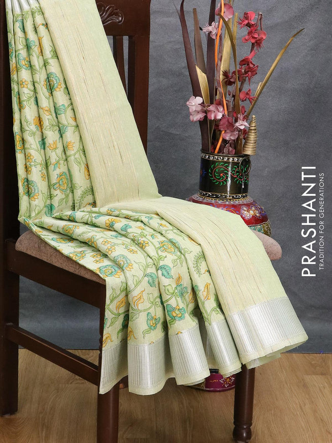 Tissue linen saree pista green with allover prints and silver zari woven border - {{ collection.title }} by Prashanti Sarees