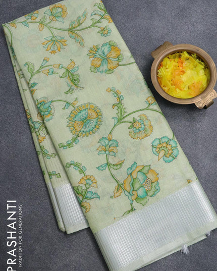 Tissue linen saree pista green with floral butta prints and zari woven border - {{ collection.title }} by Prashanti Sarees