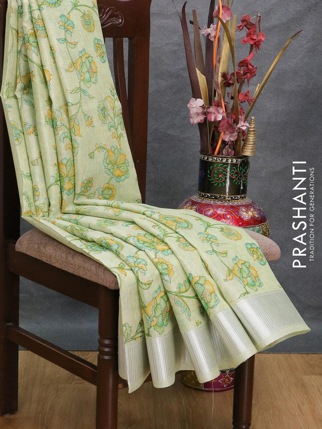 Tissue linen saree pista green with floral butta prints and zari woven border - {{ collection.title }} by Prashanti Sarees