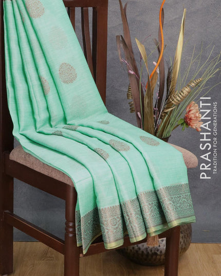 Tissue linen saree teal green with thread woven buttas and thread woven border - {{ collection.title }} by Prashanti Sarees