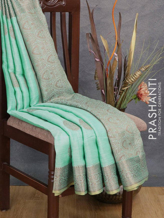 Tissue linen saree teal green with thread woven buttas and thread woven border - {{ collection.title }} by Prashanti Sarees
