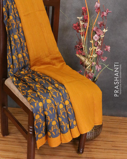 Tussar georgette saree blue and mustard yellow with allover floral prints and contrast border - {{ collection.title }} by Prashanti Sarees