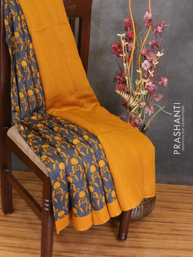 Tussar georgette saree blue and mustard yellow with allover floral prints and contrast border - {{ collection.title }} by Prashanti Sarees