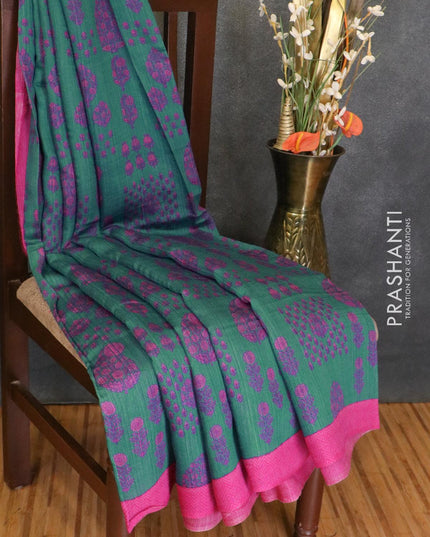 Tussar georgette saree peacock green shade and pink with allover floral prints and contrast border - {{ collection.title }} by Prashanti Sarees