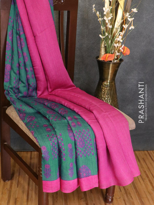 Tussar georgette saree peacock green shade and pink with allover floral prints and contrast border - {{ collection.title }} by Prashanti Sarees