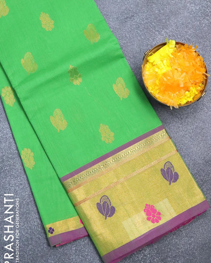 Venkatagiri cotton saree light green and purple with zari woven buttas and zari woven thread butta border - {{ collection.title }} by Prashanti Sarees