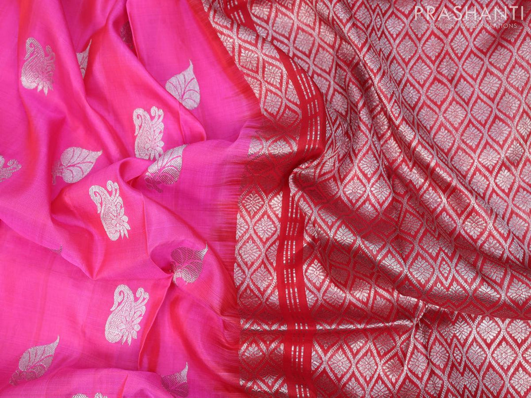 Venkatagiri silk saree candy pink and red with silver zari woven buttas and silver zari woven paithani border - {{ collection.title }} by Prashanti Sarees