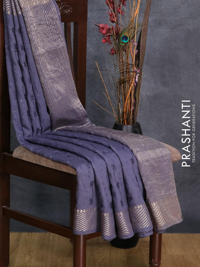 Viscose saree blue shade with allover embroidery work and zari woven border - {{ collection.title }} by Prashanti Sarees