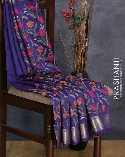 Viscose saree blue with allover floral embroidery work and zari woven border - {{ collection.title }} by Prashanti Sarees