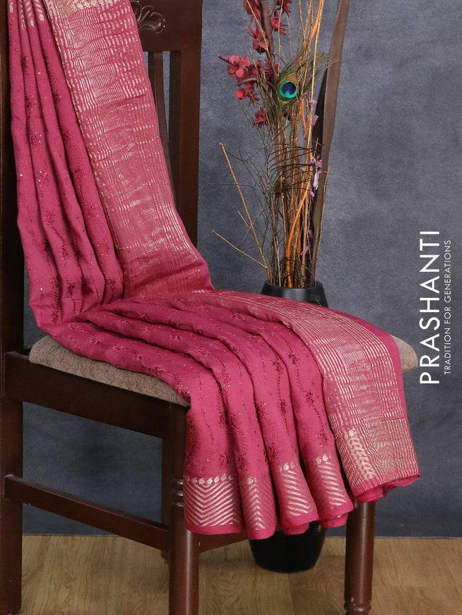 Viscose saree dark magenta pink with allover embroidery & sequin work and zari woven border - {{ collection.title }} by Prashanti Sarees