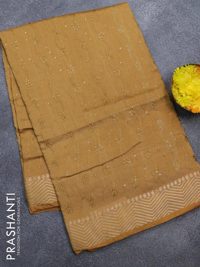 Viscose saree dark sandal with allover embroidery work and zari woven border - {{ collection.title }} by Prashanti Sarees