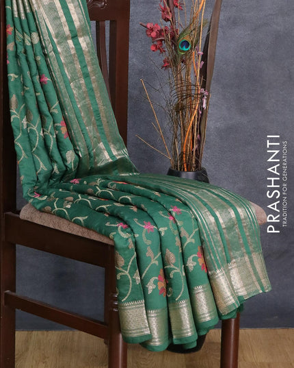 Viscose saree green shade with allover floral embroidery work and zari woven border - {{ collection.title }} by Prashanti Sarees