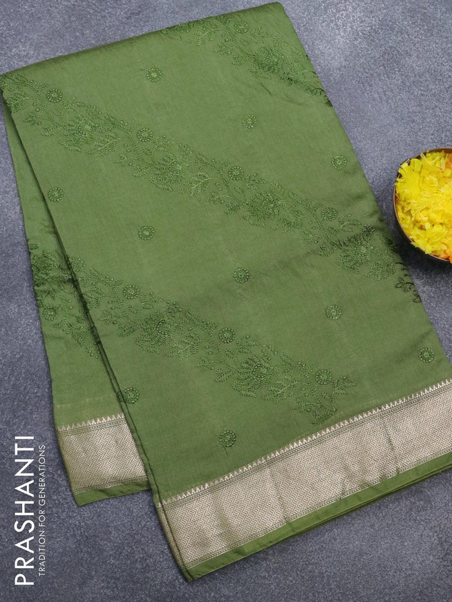 Viscose saree green with allover embroidery work and zari woven border - {{ collection.title }} by Prashanti Sarees