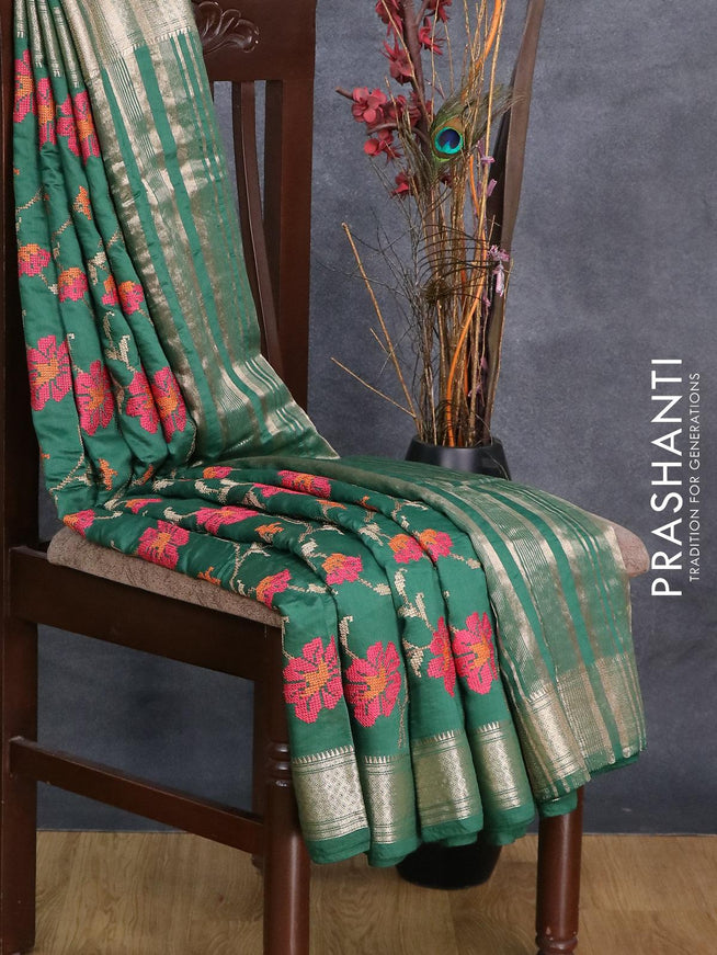Viscose saree green with allover floral embroidery work and zari woven border - {{ collection.title }} by Prashanti Sarees