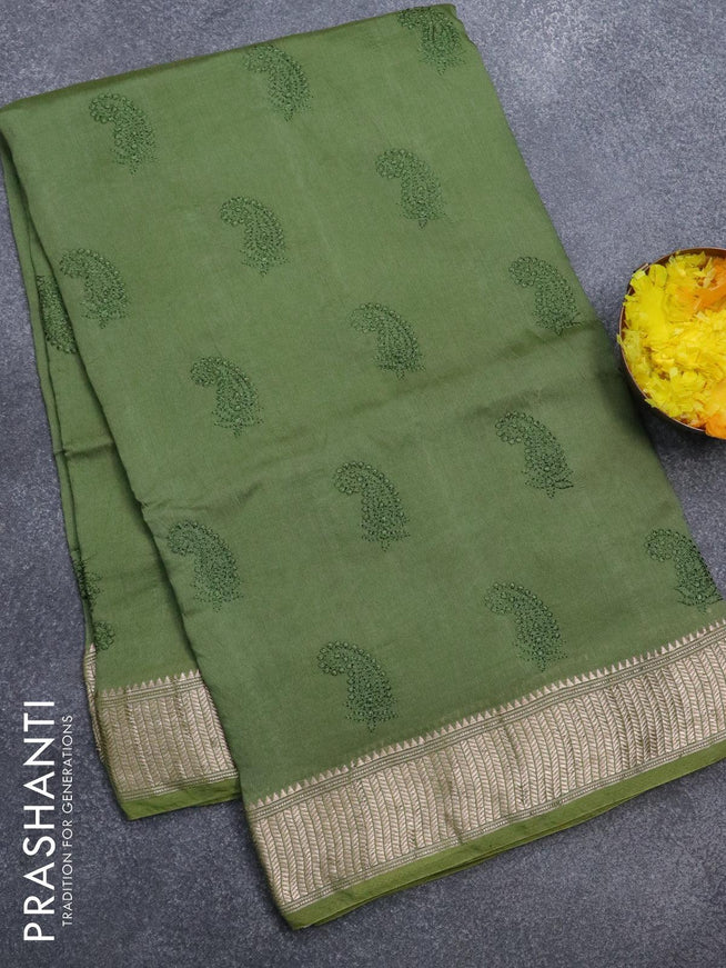 Viscose saree green with paisley embroidery work buttas and zari woven border - {{ collection.title }} by Prashanti Sarees
