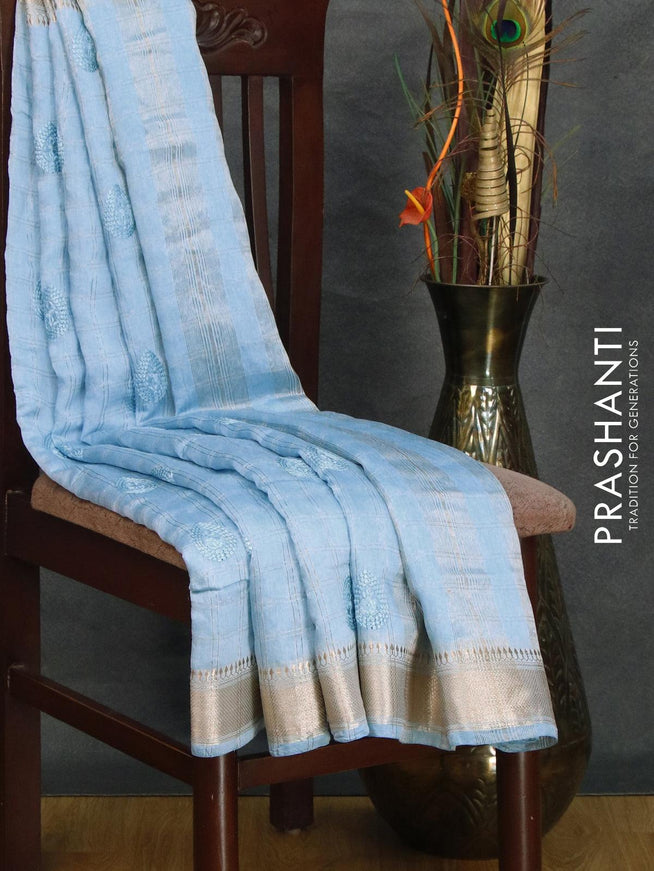 Viscose saree light blue with allover zari checks & embroided buttas and zari woven border - {{ collection.title }} by Prashanti Sarees