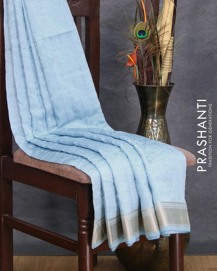 Viscose saree light blue with allover zari checks & embroidery work and zari woven border - {{ collection.title }} by Prashanti Sarees