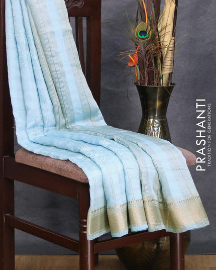 Viscose saree light blue with allover zari checks & embroidery work and zari woven border - {{ collection.title }} by Prashanti Sarees