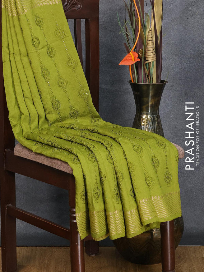 Viscose saree light green with allover embroidery & sequin work and zari woven border - {{ collection.title }} by Prashanti Sarees