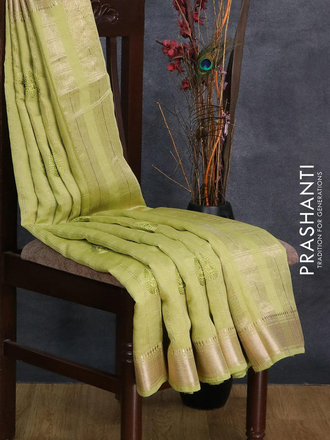 Viscose saree light green with allover zari checks & embroided buttas and zari woven border - {{ collection.title }} by Prashanti Sarees