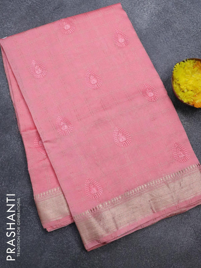 Viscose saree light pink with allover zari checks & embroided buttas and zari woven border - {{ collection.title }} by Prashanti Sarees