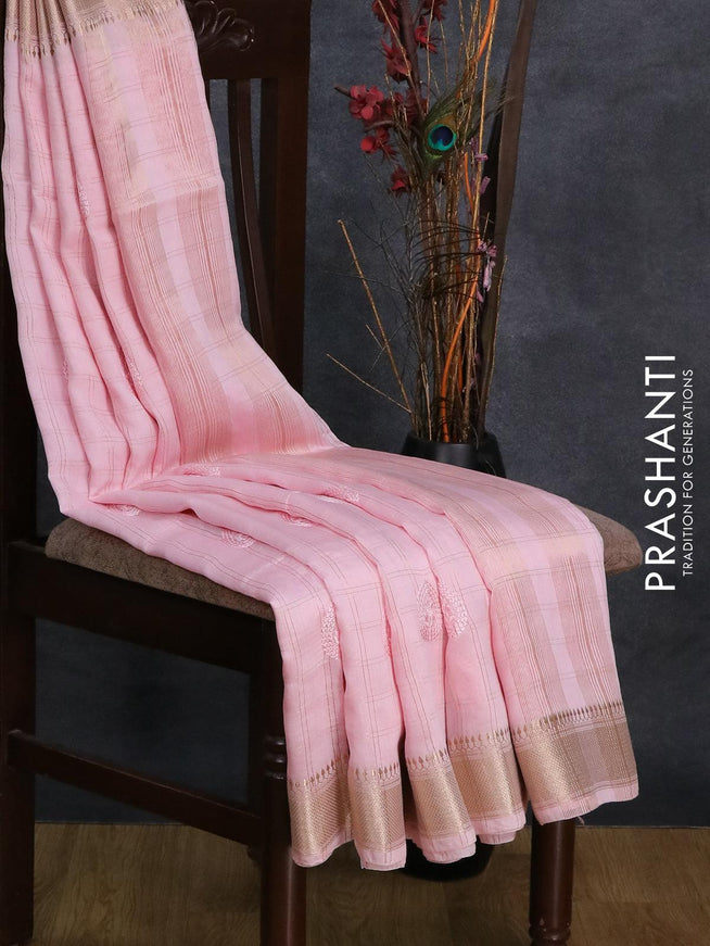 Viscose saree light pink with allover zari checks & embroided buttas and zari woven border - {{ collection.title }} by Prashanti Sarees