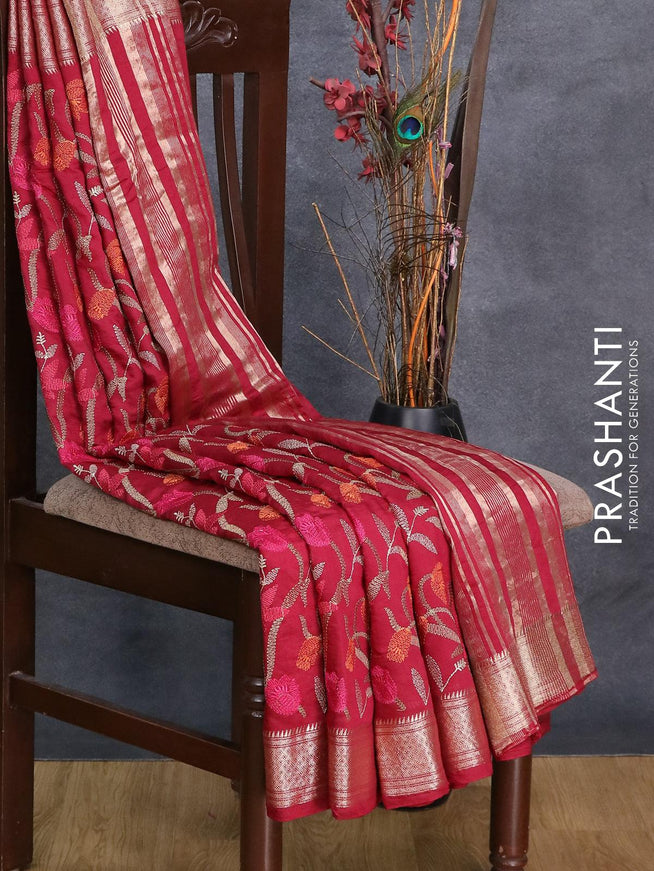 Viscose saree maroon with allover embroidery work and zari woven border - {{ collection.title }} by Prashanti Sarees