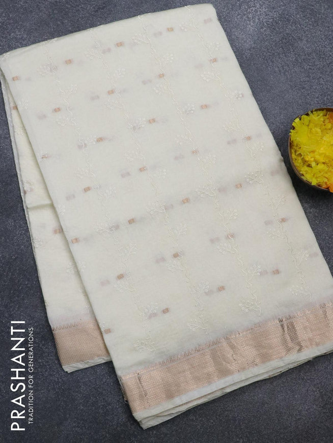 Viscose saree off white with allover embroidery work & zari buttas and zari woven border - {{ collection.title }} by Prashanti Sarees
