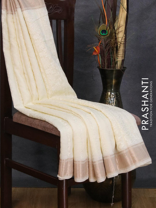 Viscose saree off white with allover embroidery work and zari woven border - {{ collection.title }} by Prashanti Sarees