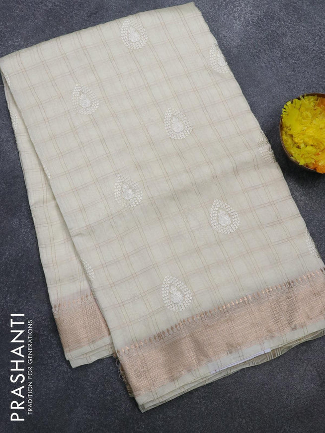 Viscose saree off white with allover zari checks & embroided buttas and zari woven border - {{ collection.title }} by Prashanti Sarees