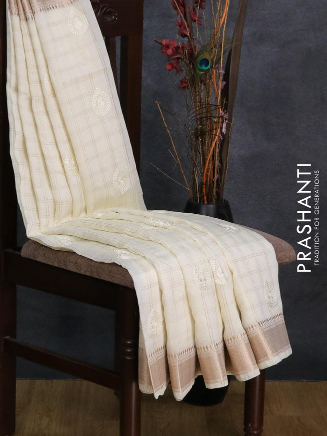 Viscose saree off white with allover zari checks & embroided buttas and zari woven border - {{ collection.title }} by Prashanti Sarees