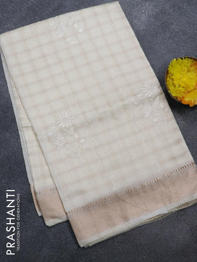 Viscose saree off white with allover zari checks & embroidery work and zari woven border - {{ collection.title }} by Prashanti Sarees